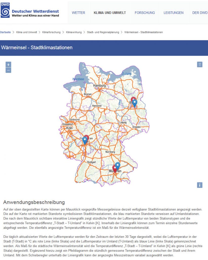 Abb. 1: Startseite der Anwendung „Wärmeinsel – Stadtklimastationen“, die in der Webseite des Deutschen Wetterdiensts integriert ist