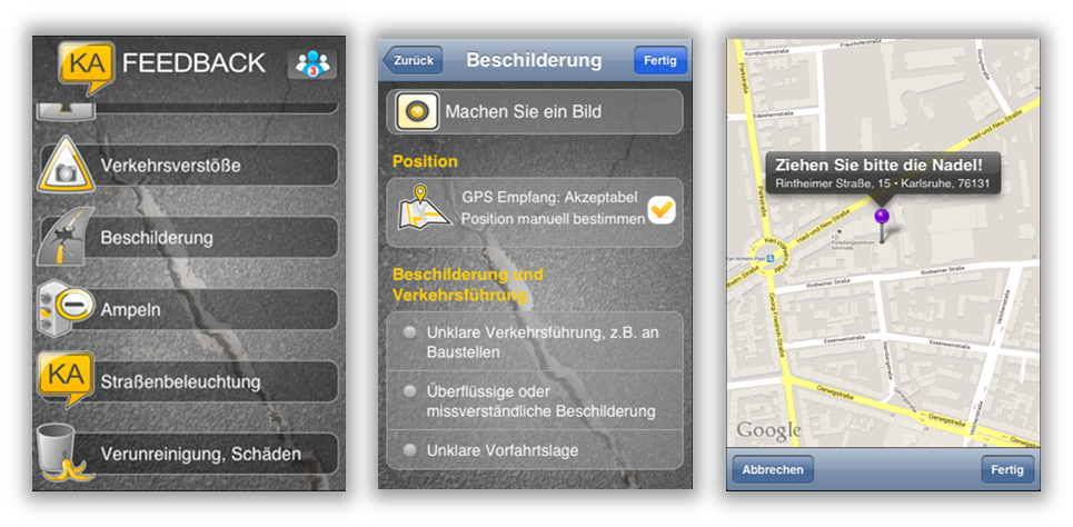 Abb. 2: Die erste Mängelmelder-App KA-Feedback, die vom FZI im Rahmen des Projektes PartSense realisiert wurde