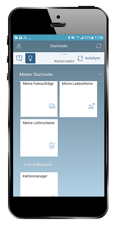 Abb. 6: Startseite der Lieferschein-App der Bayerischen Staatsforsten: die Funktionsbibliothek aus Cadenza Mobile wurde als offlinefähige Kartenkomponente in eine SAP User Interface for HTML 5 (SAP UI5)-Umgebung eingebettet und mit weiteren SAP-Komponenten verbunden 