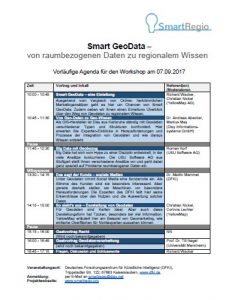 Abb. 6: Die Agenda für den Workshop „Smart GeoData – von raumbezogenen Daten zu regionalem Wissen“ am 07.09.2017 in Kaiserslautern.