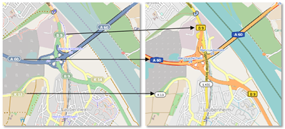 Anpassungen für die Darstellung von Verkehrswegen (bisheriger Kartenstil links, neuer Kartenstil rechts, Quelle: B. Braun 2011)